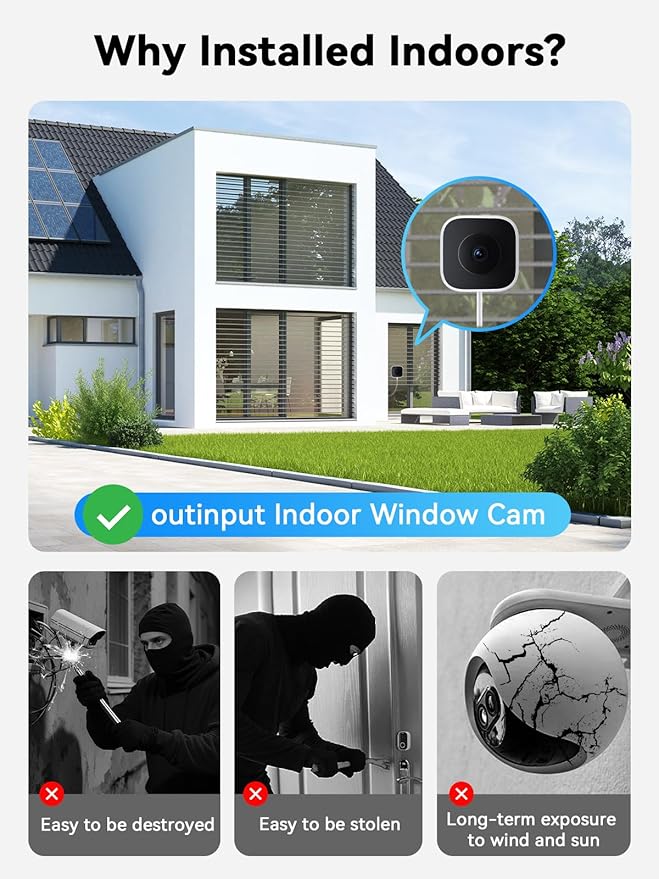 Outinput Window Camera, 2K 3MP WiFi Security Camera for Home Security, AI Color Night Vision, Motion Detection with Instant Alerts, 24/7 Recording, App Control, Works with Glass Window