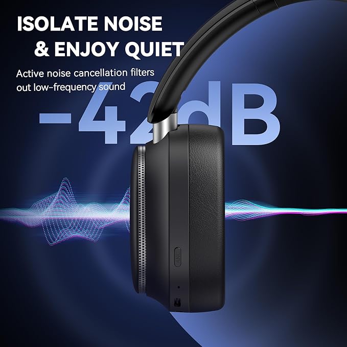 Pointcinco Hybrid Active Noise Cancelling Headphones, Over Ear Bluetooth 6.0 Wireless Headphones, 80H Playtime, Deep Bass, HiFi Stereo Sound, Lightweight Foldable for Travel, Home and Office(Black)