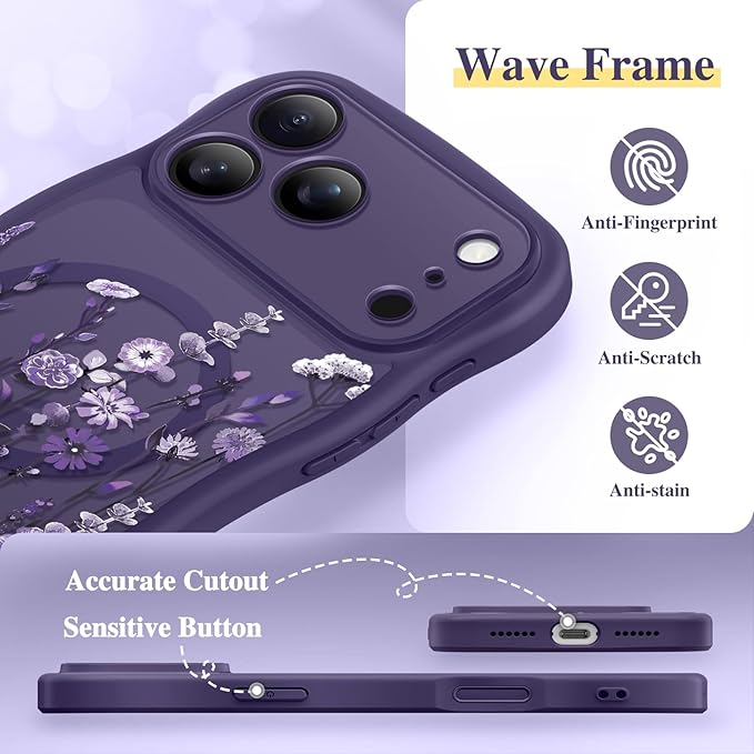GVIEWIN for iPhone 17 Pro Max Case Compatible with MagSafe [Curly Wave Edge][Full Camera Protection] Floral Translucent Shockproof Magnetic Women Phone Case for 17 Pro Max, Dark Floratopia/Deep Purple