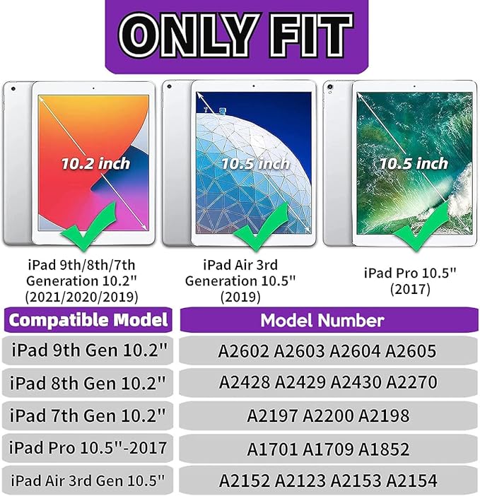 YIHE Kids Case for iPad 10.2 Inch 9th/8th/7th Generation 2021/2020/2019, iPad Pro 10.5 & iPad Air 3, Shockproof Handle Stand Kids Case with Screen Protector for iPad 10.2/10.5 Inch, Purple&Green
