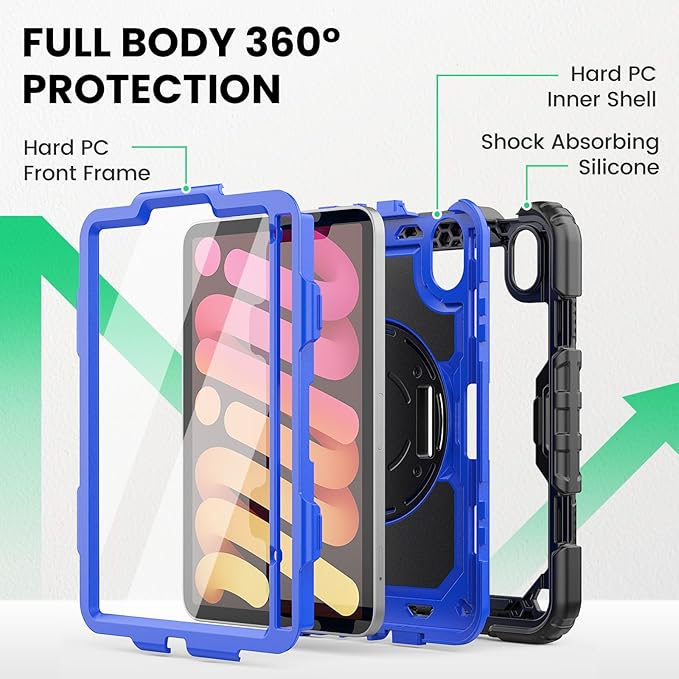 SEYMAC Case for iPad mini 7 (A17 Pro) 2024/ Mini 6 8.3″, Full-Body Shockproof Protective Case with Screen Protector, Rotating Stand, Hand/Shoulder Strap for iPad mini 7th/ 6th Generation, Dark Blue