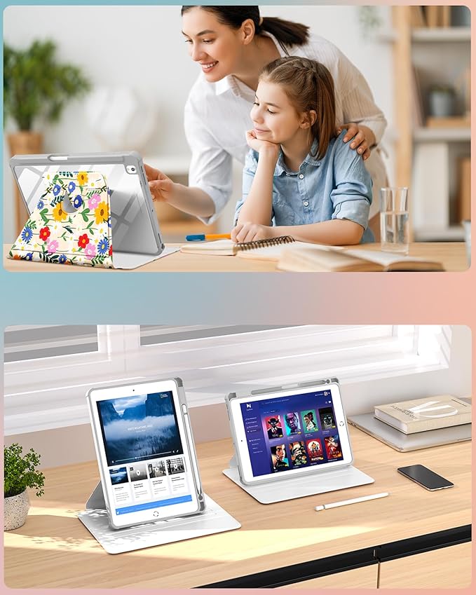 Uppuppy for iPad 9th/8th/7th Generation Case for iPad Air 3rd/ Pro 10.5” Case - 360 Rotating Stand Folio Smart Cover with Pencil Holder for Women, Cat & Flowers for Apple Tablet 7/8/9 Gen 10.2 inch