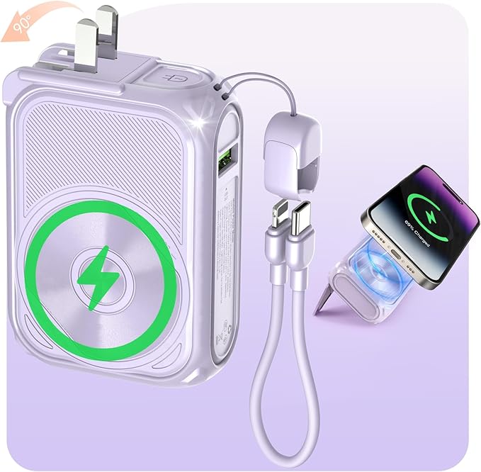 SEANCHEER P05 Portable Charger, Magnetic Power Bank, Small PowerBank, Battery Pack10000mAh Travel Essentials Fast Charging with Built in Cable, Foldable Wall Plug for iPhone,Samsung,Andriod (Purple)