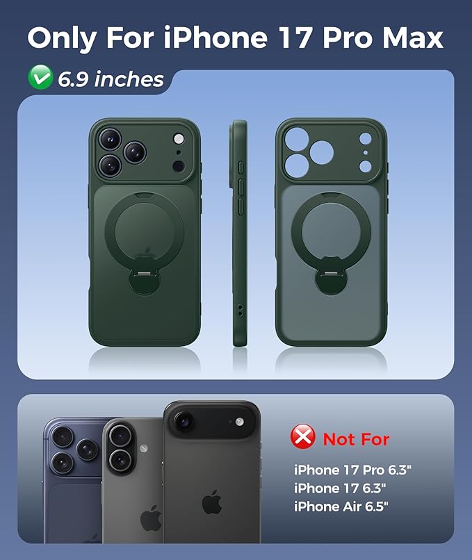 FNTCASE for iPhone 17 Pro-Max Case: [360 Spin Magnetic Stand] [Compatible with Magsafe] [Screen Protector] Translucent Matte Military Grade Shockproof Full Camera Protective Phone Cover - Green