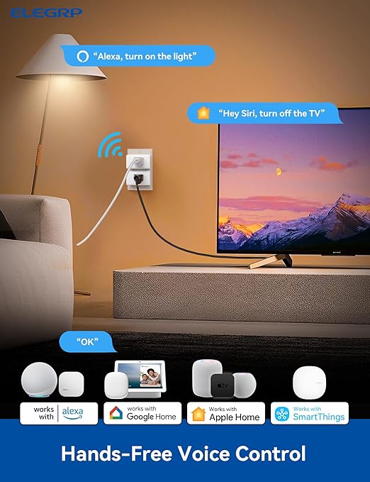 ELEGRP Matter Supported Mini Smart Plug, Smart Outlet 15A/1800W Max, Compatible with Apple Home, Siri, Alexa, Google Home, SmartThings, Compact Design, UL Certified, 2.4G Wi-Fi Only, White, 4 Pack