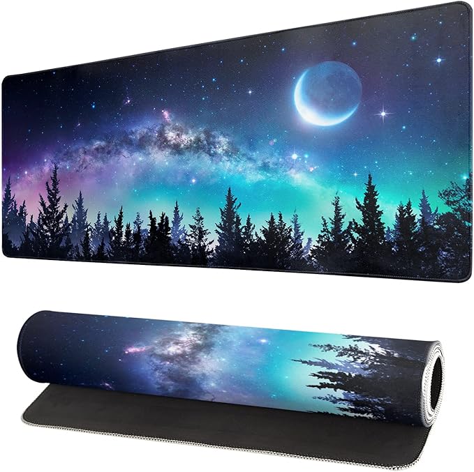 Extended Gaming Mouse Pad, XL Large Keyboard Mouse Mat Desk Pad, Stitched Edges Mousepad, 3mm Thick Long Non-Slip Rubber Base Mice Pad, 31.5 X 11.8 Inch, Forest Moon Galaxy