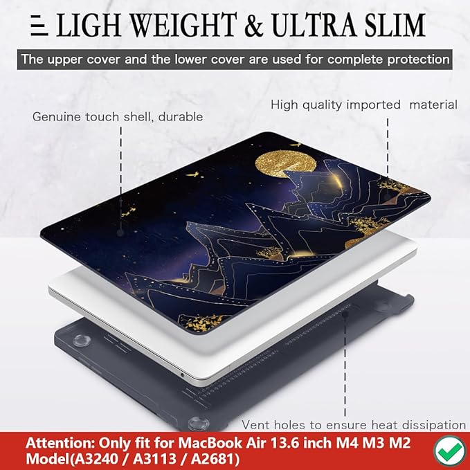 CISSOOK Compatible with MacBook Air 13.6 inch Case 2022 2024 2025 2026 Release Model A2681 A3113 A3240 A3449, Plastic Hard Shell Case with Keyboard Cover for MacBook Air 13.6 M2 M3 M4 M5, Gold Moon