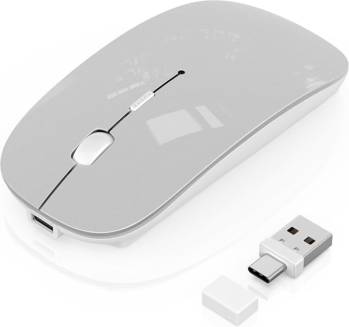 Wireless Mouse for MacBook Pro/Air, Bluetooth Rechargeable Mouse with USB-C, Slim Mouse Jiggler for iPad/iMac/Laptop/PC, 2.4G Dual Mode, Silent Click, Compatible Mac OS/Windows, Silver