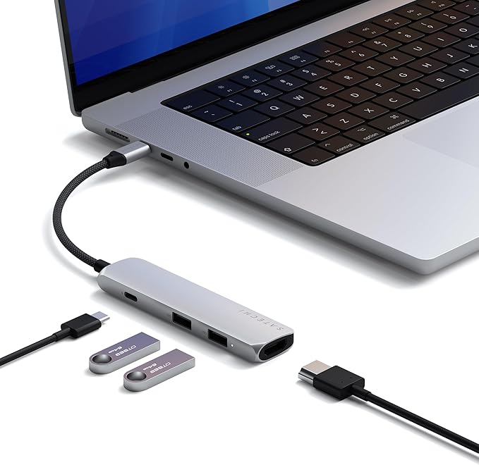 Satechi 4 in 1 USB C Hub Multiport Adapter with HDMI 4K@60Hz, 100W PD Charging, 2X USB-A Data Ports for MacBook Air/Pro/Neo, iPad Air/Pro, Windows – Silver
