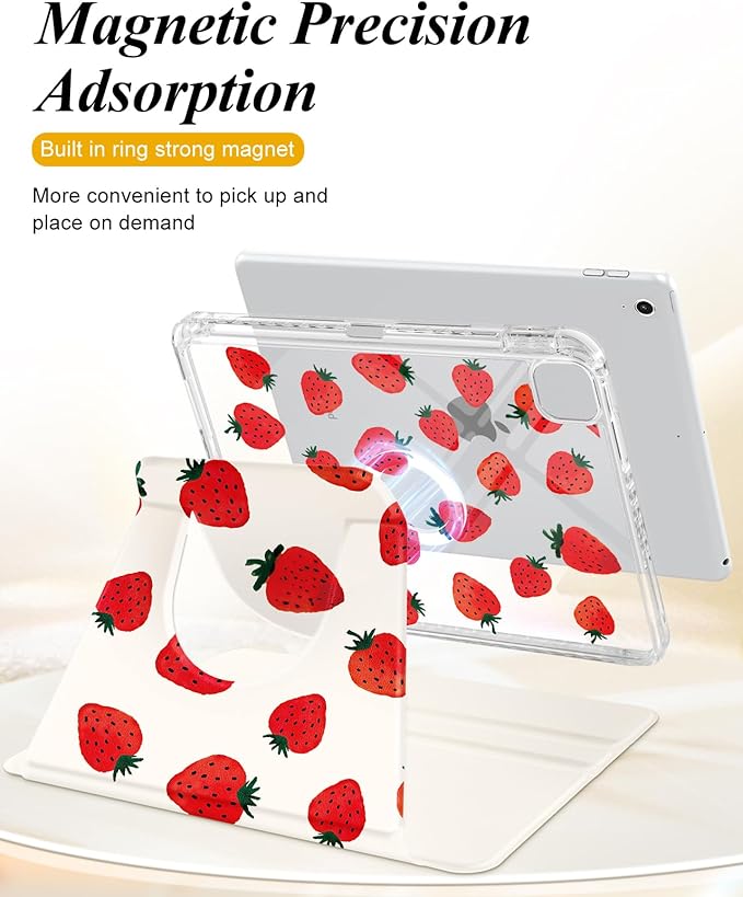 Shorogyt for iPad Air 11 Inch Case Air M4 2026, 8th Gen/M3 2025/M2/Air 5th Generation 2022/Air 4th Gen 2020/Pro 11 Inch Case Magnetic Stand for Women - Cute 360 Degree Rotating Cover Girl Strawberry