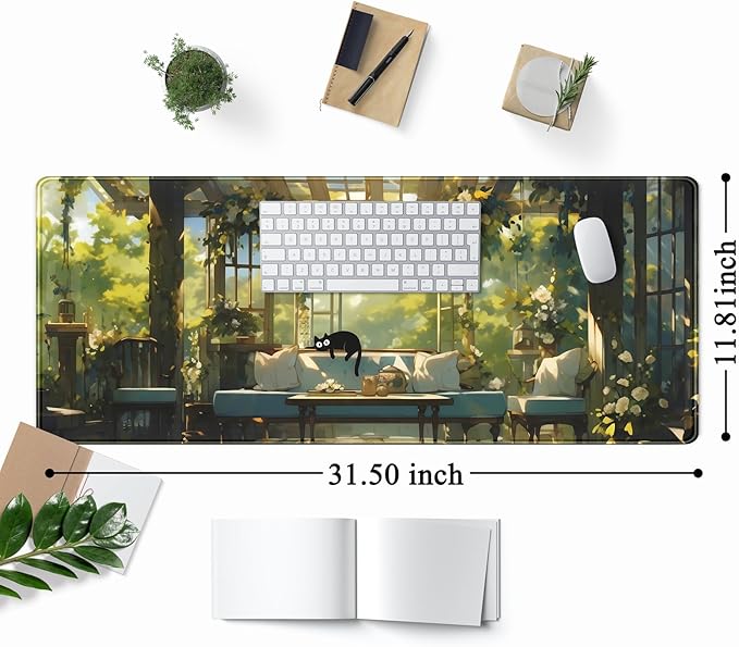 Cute Cat Desk Mat Green Plants Aesthetic Desk Pad Anime Kawaii Gaming Mouse Pad Large Mousepad Extended XL Laptop Keyboard Mouse Mat 31.5"x11.8" with Stitched Edges Non-Slip Rubber Base