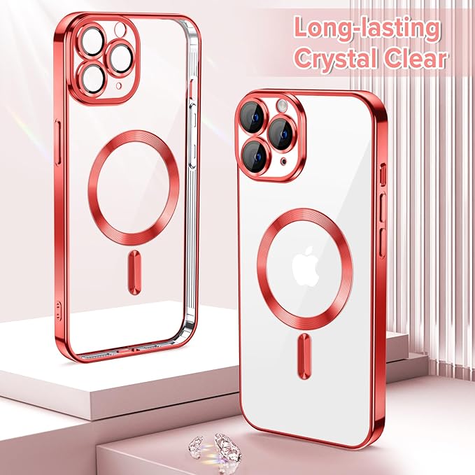 Hython Magnetic Clear for iPhone 11 Pro Case with Camera Lens Protector [Compatible with MagSafe] Luxury Plating Edge Slim Soft TPU Cover Protective Phone Case for iPhone 11 Pro 5.8", Red