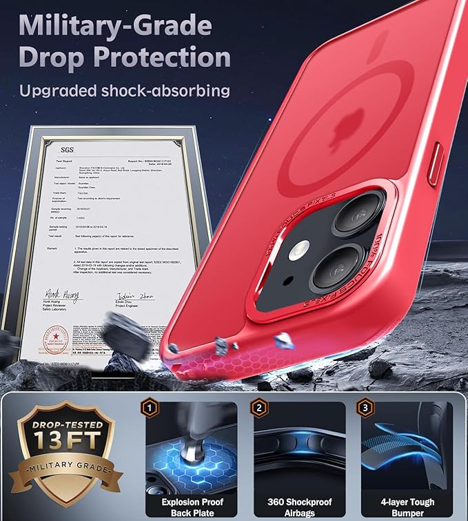 Newfuture Designed for iPhone 12 Case/iPhone 12 Pro Case with Magnetic [13 FT Military Drop Protection] [Compatible with Magsafe] Translucent Shockproof with Anti-Fingerprint Phone Case, Red
