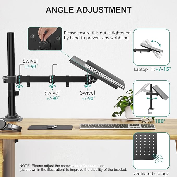 WALI Laptop Desk Mount for 17 inch Notebook, Adjustable Single Monitor Arm with Laptop Holder for 32 inch Screen, Laptops Stand with Ventilated Tray, Up to 22 lbs, (M00LP), Black