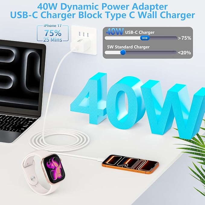 [Apple MFi Certified] iPhone 17 16 Charger Fast Charging, Stuffcool 4Pack 40W USB C Charger Dynamic Power Adapter Type C Wall Chargers + 6FT Type C Cable for iPhone 17/17 Pro/17 Pro Max/16 Pro/15/iPad