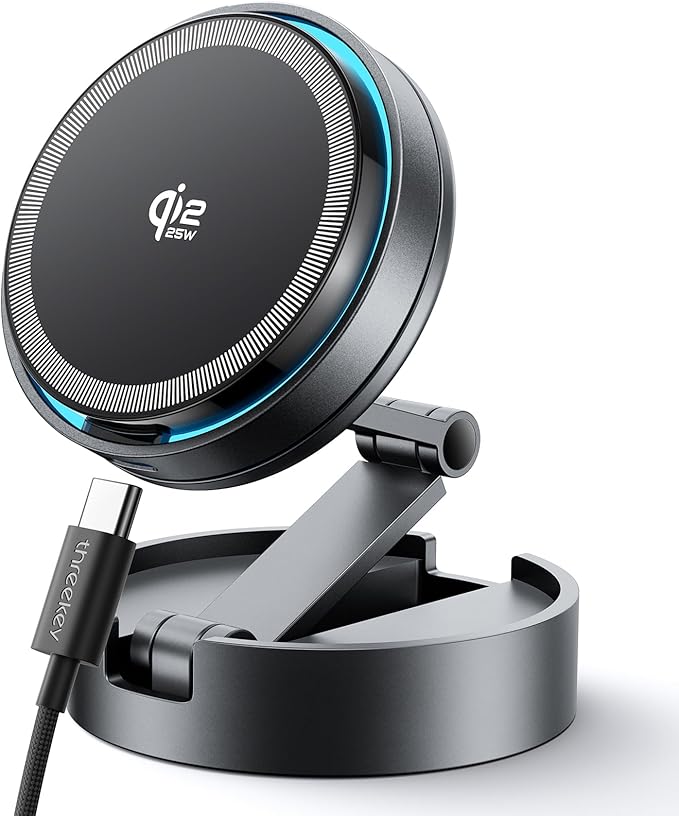 THREEKEY for Qi2 25W Certified MagSafe Car Mount Charger Lite with Cooling Fan&LED Light, 360° Rotating Fast Wireless Charger & Phone Holder for iPhone 17-12, Galaxy S25-S26 | 30W Adapter Included