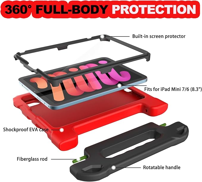 YIHE Kids Case for 8.3 inch iPad mini 7 (A17 Pro) 2024 & iPad mini 6 (A15) 2021, Shockproof Cases for iPad mini 7th/6th Generation with Built-in Screen Protector & Handle Stand, Red&Black