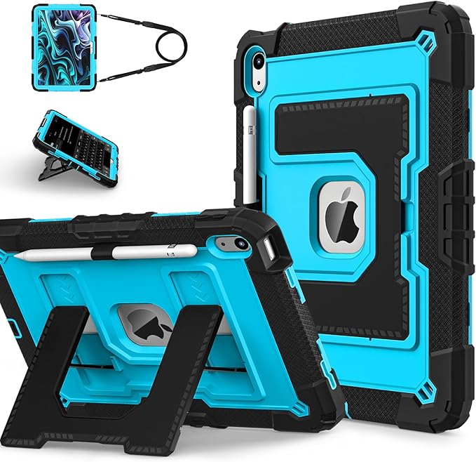 Kids Friendly Case for iPad A16 11th Generation 11 Inch 2025 / iPad 10th Generation 10.9" 2022 Case with Pencil Holder & Shoulder Strap, Hybrid iPad 11 10 Cover Rugged Shockproof Kickstand,Black+Blue