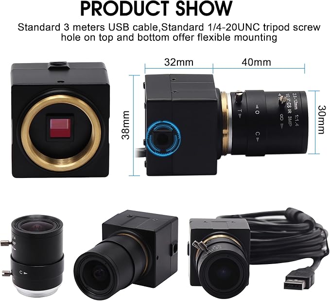 4K USB Camera 2.8-12mm 4X Varifocal Manual Lens 2160P Ultra HD USB Camera UVC Compliant Close-up Webcam Support OpenCV USB Computer Webcam for Conference Calling Live Streaming