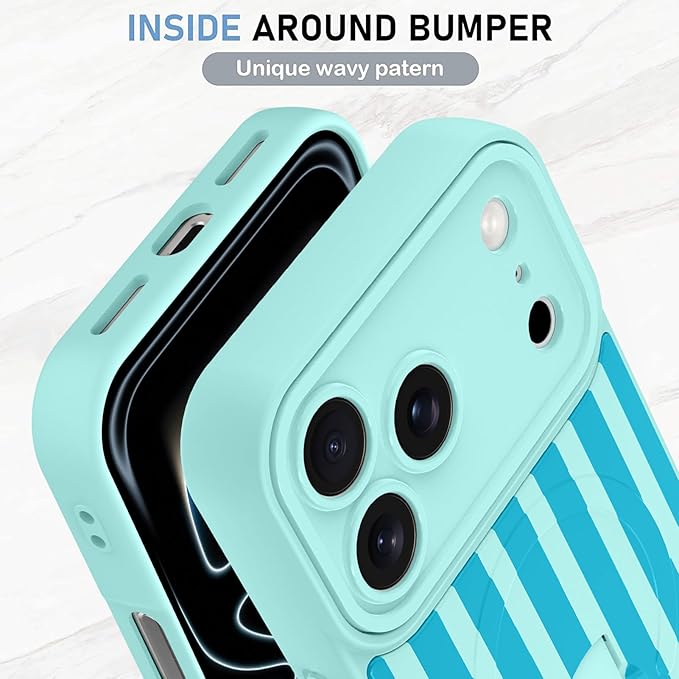 KANGHAR Compatible with iPhone 17 Pro Case, Support for MagSafe, Silicone Stripes Cute Pattern, Wristband Kickstand Camera Protection Soft Slim Cover for Girls Women -Blue