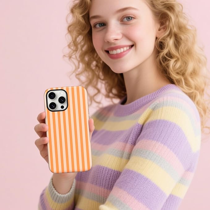 Magnetic for iPhone 15 Case Cute Stripes Phone Case, Shockproof Slim TPU and Hard PC Protective Phone Cover Compatible with MagSafe Designed for Women Girls, Orange