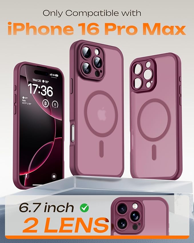 TOCOL for Phone 16 Pro Max Case, Compatible with Magsafe Charger, Full Camera Protection, Drop Protection, Translucent Matte Phone Case for iPhone 16 Pro Max 6.9 inch (Plum)