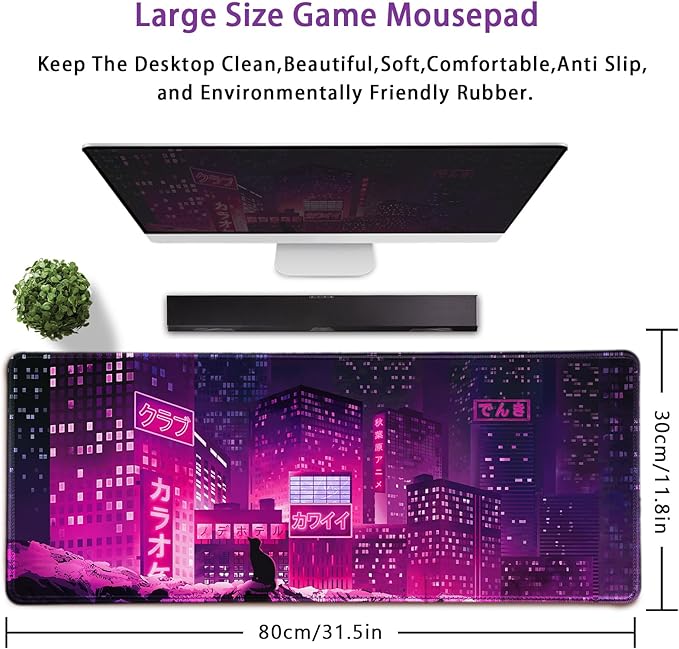 Gaming Laptop Mouse Pad,Sea Wave Big Mice Pads PC Keyboard Waterproof and Non-Slip 31.5" x 11.9" 0.12" Thick XL,XXL Rubber Table Mat, Purple Cyberpunk City Night View