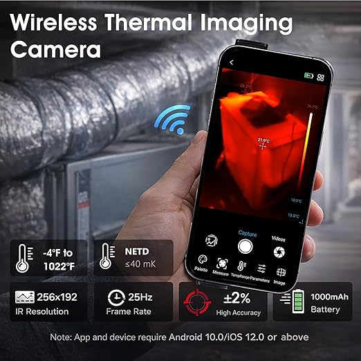 Wireless Thermal Imaging Camera for Android/iOS, AIOMEST Thermal Leak Detector 256x192 IR Resolution, Offline Analysis & Reports, Temperature Heat -4°F to 1022°F, Infrared Camera for HVAC Inspection