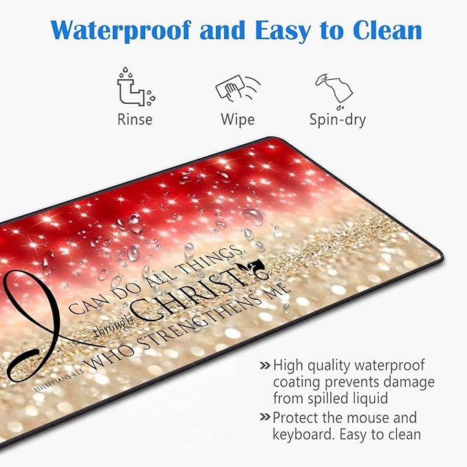 Extended Gaming Mouse Pad with Stitched Edges, Large Anti-Slip Mouse Pad (31.5x11.8 Inches) Desk Pad Keyboard Pad + Coaster for Work/Gamer/Home, Bible Verse Pink Philippians 4-13