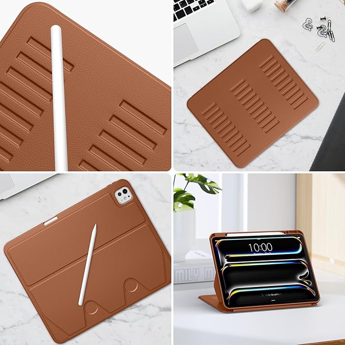 VIKESI Case for iPad iPad Pro 13-inch M5 or M4 Released in 2025 or 2024,Multiple Angles Magnetic Stand Cover,Shockproof Soft Back,Pencil Holder,and Auto Sleep/Wake,Brown
