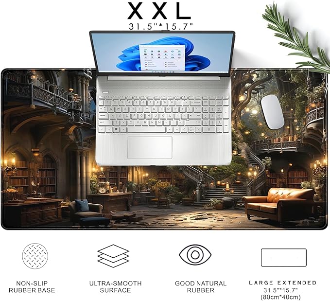Dark Academia Bookish Desk Mat Adventure Dreams Extended Mousepad Large Gaming Mousepad Black Extended Mouse Pad XXL Laptop Computer Mouse Keyboard Mat 31.5 x 15.7