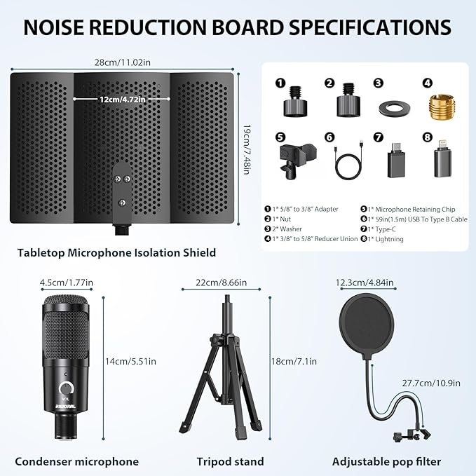 Studio Recording Microphone Isolation Shield with Pop Filter and Metal Tripod Stand USB Condenser Mic to PC Laptop Smartphone, Mic for Recording Singing Podcasting