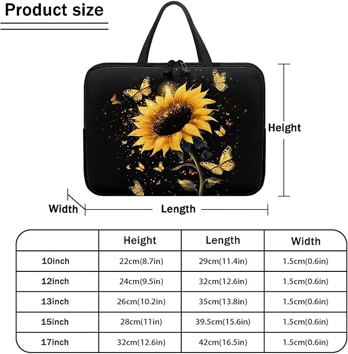 Sunflower Butterfly 10-17 Inch Laptop Sleeve, Portable Computer Bag Tablet Carrying Case with Handle, Women Business School Tote Bags Notebook Case Handbag Briefcase