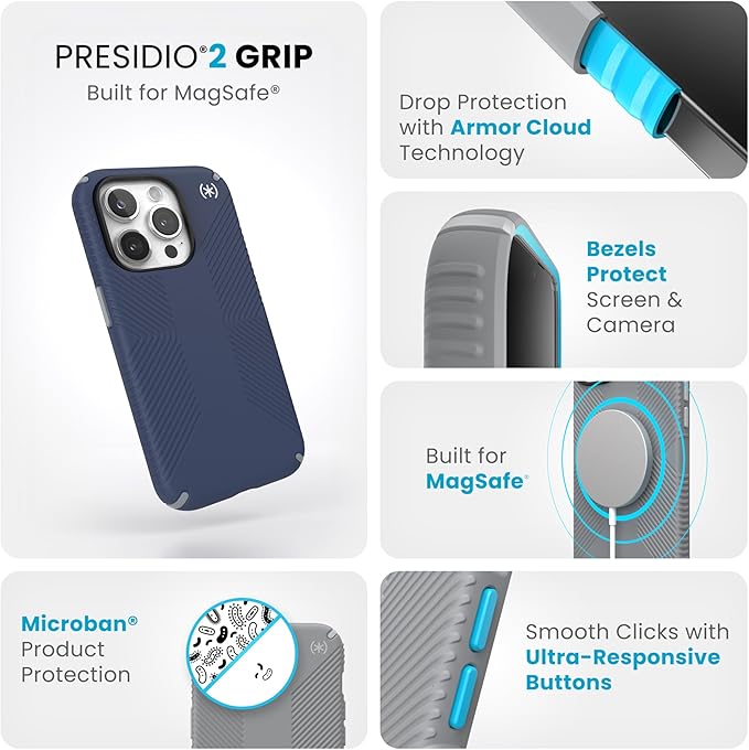 Speck iPhone 15 Pro Case - Built for MagSafe, Drop Protection Grip - Scratch Resistant, Soft Touch, 6.1 Inch Phone Case - Presidio2 Grip Coastal Blue/Dust Grey/White
