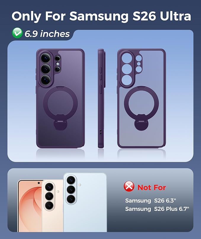 FNTCASE for Samsung Galaxy S26-Ultra Case: [360 Spin Magnetic Stand] [Compatible with Magsafe] [Screen Protector] Translucent Matte Military Grade Shockproof Full Camera Protective Phone Cover -Purple