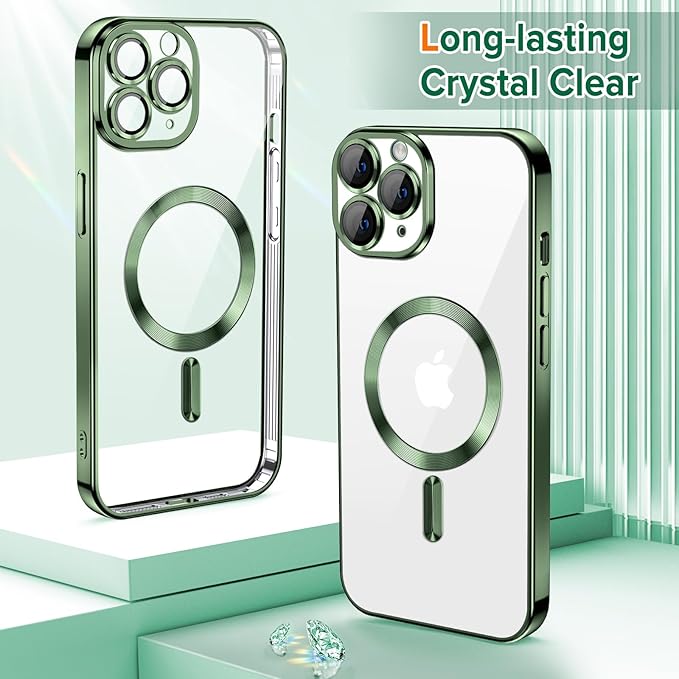 Hython Magnetic Clear for iPhone 11 Pro Max Case with Camera Lens Protector [Compatible with MagSafe] Plating Edge Slim Soft TPU Cover Protective Phone Case for iPhone 11 Pro Max 6.5", Deep Green