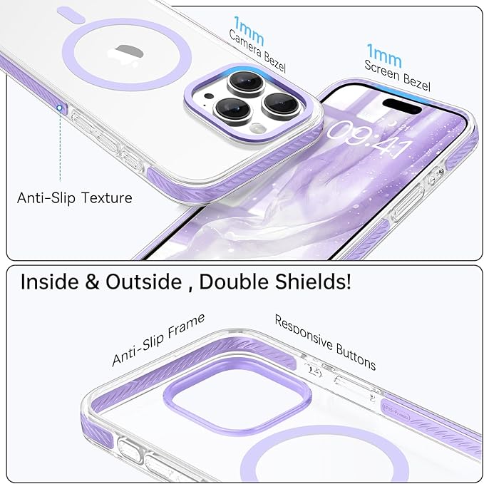 BENTOBEN Magnetic for iPhone 15 Pro Max Case 6.7", Compatible with Magsafe Military Shockproof Protective Bumper Cute Transparent Slim Anti-Yellowing Case for iPhone 15 Pro Max Cover, Clear Purple