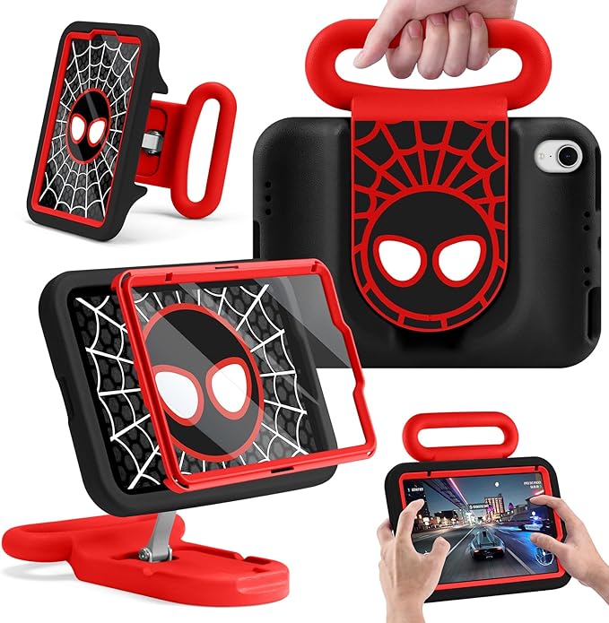 Kids Case for iPad mini 7 (A17 Pro) 2024 / iPad mini 6 2021, Child Friendly Case with Adjustable Portrait/Landscape Stand,Heavy Duty Cover with Screen Protector for iPad mini 7/6 8.3 inch (BlackRed)