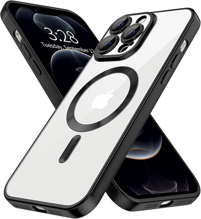 Hython Magnetic Clear for iPhone 12 Pro Max Case with Camera Lens Protector [Compatible with MagSafe] Plating Edge Slim Soft TPU Cover Protective Phone Case for iPhone 12 Pro Max 6.7", Matte Black