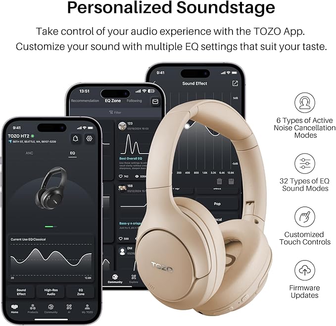TOZO HT2 Hybrid Active Noise Cancelling Headphones, Wireless Over Ear Bluetooth Headset, 60H Playtime, Hi-Res Audio Custom EQ via App Deep Bass Comfort Fit Ear Cups, for Home Office Travel