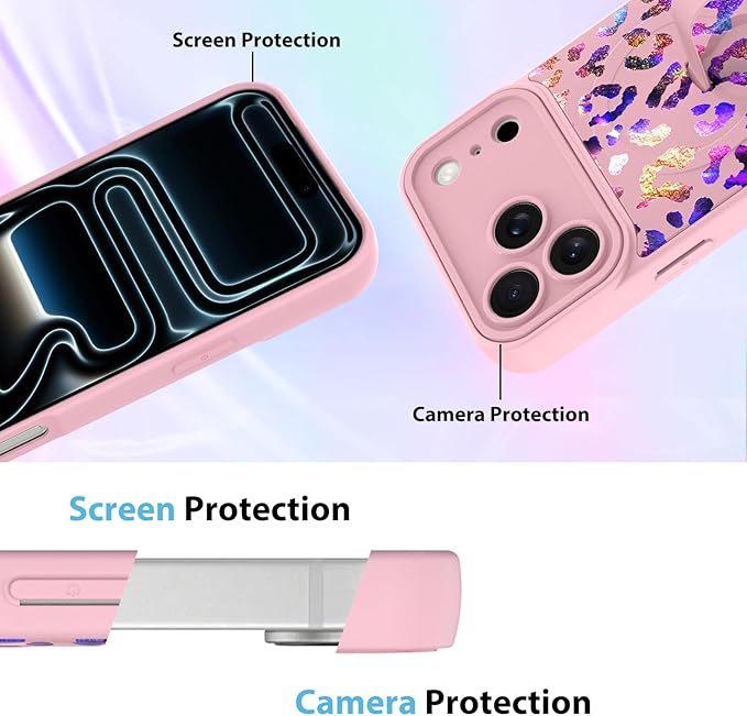 KANGHAR Compatible with iPhone 17 Pro Case, Support for MagSafe, Silicone Cute Iridescent Leopard Cheetah Pattern, Wristband Kickstand Shockproof Protective Slim Cover for Women Girls, Pink