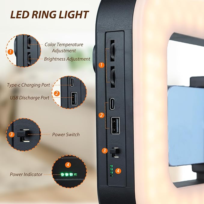 Smartphone Video Rig with Light, Handheld Ring Selfie Light Kit, LED Mobile Video Stabilizer with Built-in 8000mAh Battery for Camera, Smartphone, YouTube, TikTok Video Recording, Makeup