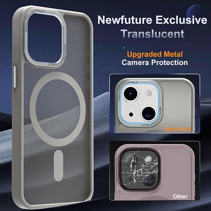 Newfuture Designed for iPhone 13 Case & iPhone 14 Case with Magnetic [13 FT Military Drop Protection] [Compatible with Magsafe] Translucent Shockproof with Anti-Fingerprint Phone Case, Titanium Gray