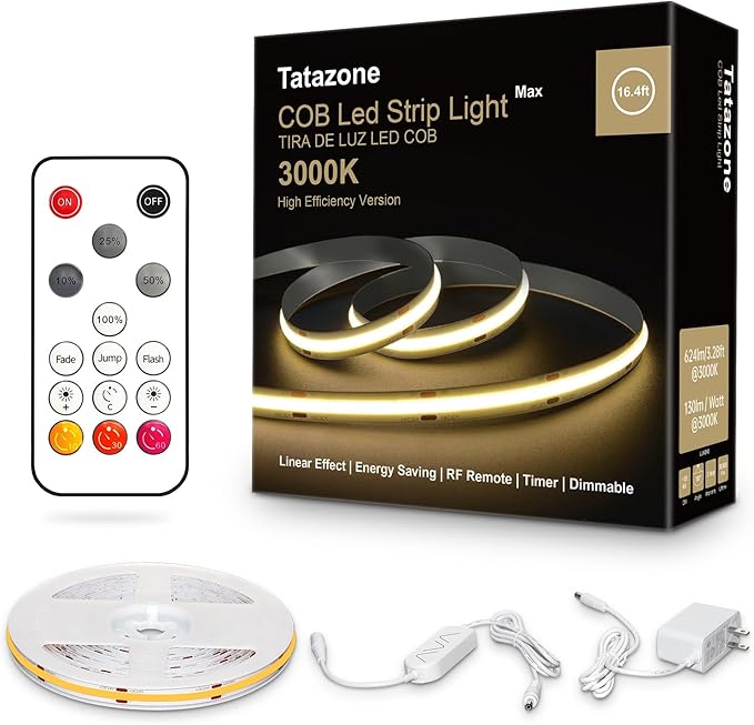 Tatazone White COB Led Strip Lights Max with RF Remote, 16.4ft 3000K CRI93+ Dimmable Ultra Bright Warm White COB Light Strip, Adhesive Indoor COB Led Lights for Living Room, Shelf, Cabinet