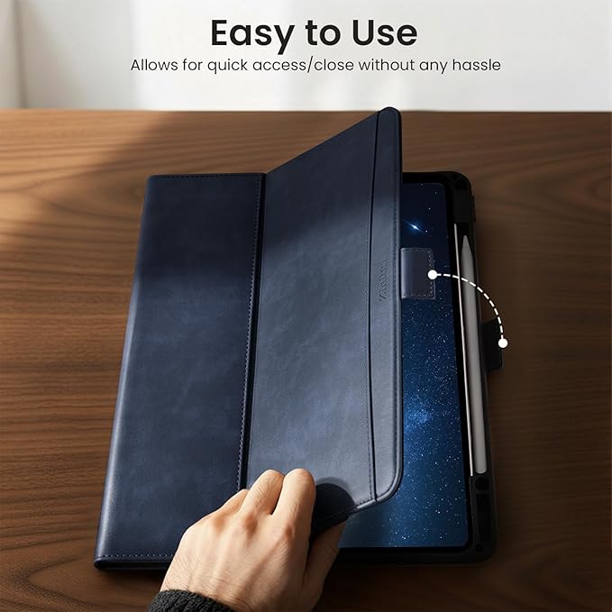 Handcrafted Case for iPad Air 13 Inch M4/M3/M2 (2026/2025/2024) with Pencil Holder & Hand Strap & Pocket,Magnetic Clasp,Multi Angles Stand,Protective Folio Cover,Auto Sleep/Wake,Dark Blue