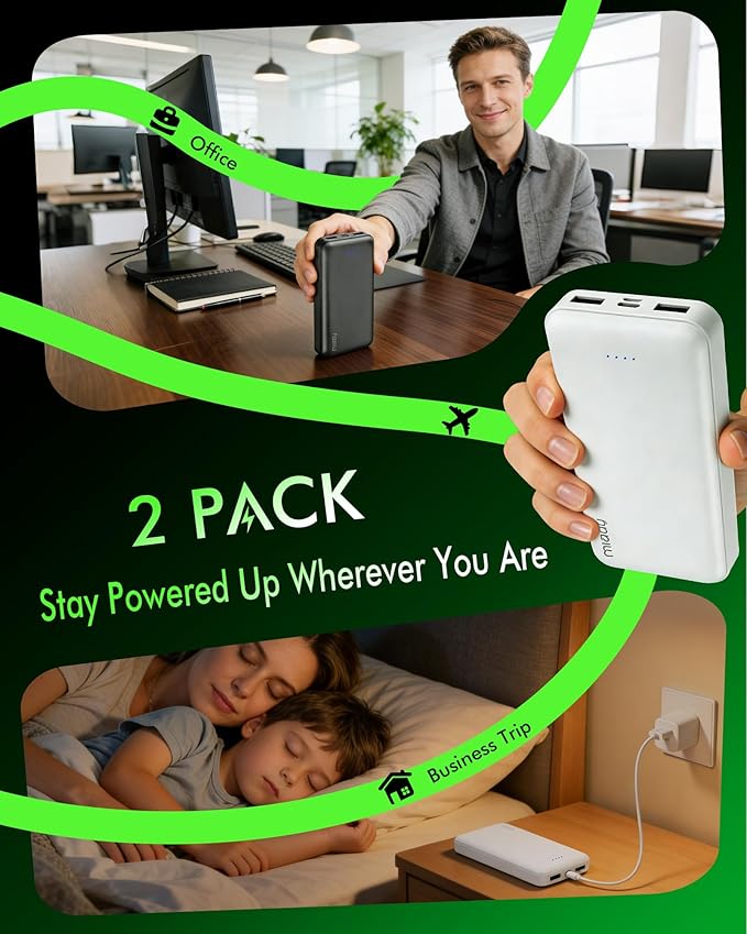 Miady 2-Pack 20000mAh Portable Charger, 22.5W USB C Fast Charging Power Bank 3 Outputs 2 Inputs Travel Essential Battery Pack Compatible with iPhone 17/16 Galaxy S24/22, iPad, Android(2 Black)