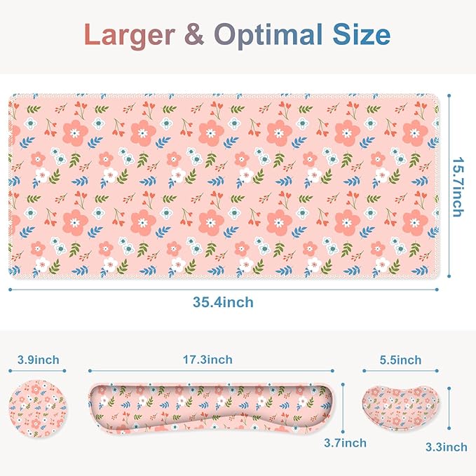 Large Gaming Mouse Pad Set, 4 in1 Ergonomics Keyboard Desk Mat with Memory Foam Wrist Rest, Computer Extended Game Mousepad, Non-Slip Desk Pad Matt Easy Typing Pain Relief I Retro Pastel Style