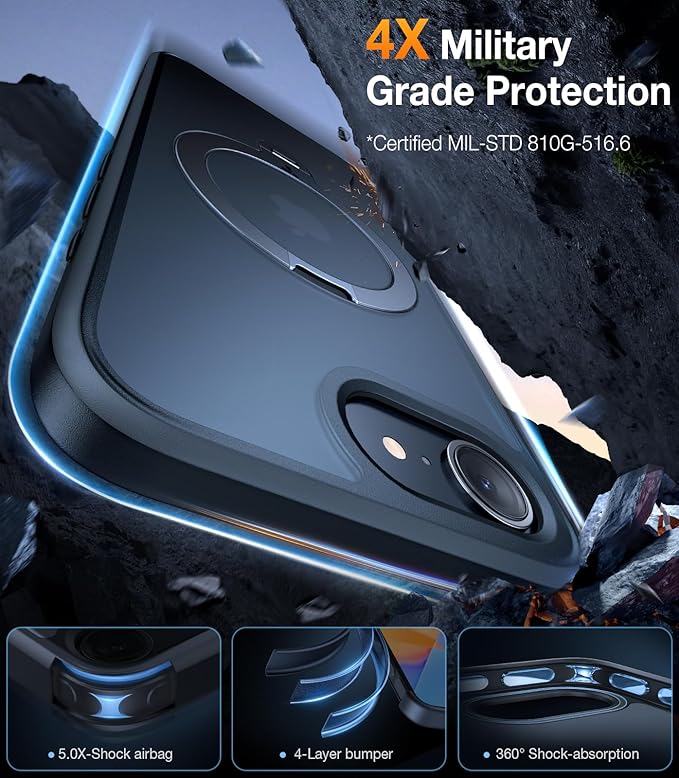 TORRAS 360 Spin for iPhone 17e Case & iPhone 16e case with Stand, Fit for MagSafe, 4X Military-Grade Protective, Stand Phone Case for iPhone 17e Case, Ring Holder Slim Cover, Matte Black 6.1''