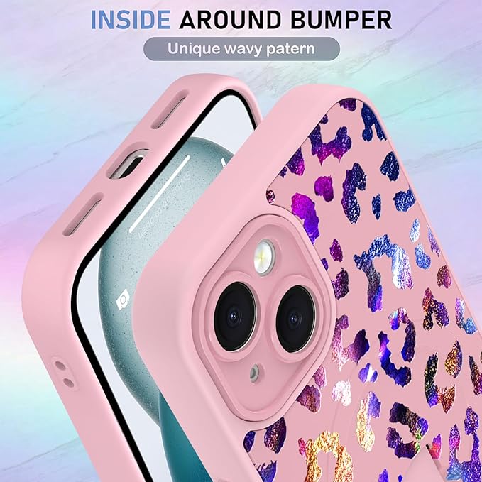 KANGHAR Compatible with iPhone 15 Case, Support for MagSafe, Silicone Cute Iridescent Leopard Cheetah Pattern, Wristband Kickstand Shockproof Protective Slim Cover for Women Girls, Pink