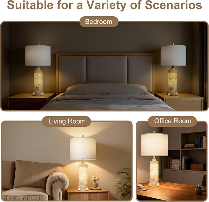 KIVDITZO 27" Alabaster and Wood Table Lamp Set of 2 with Night Light Nightstand Lamps with USB Ports White Linen Fabric Shade Bedside Lamp Decor for Living Room Bedroom Home Office Hotel Bar House